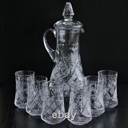 Crystal Drinking Set 50 oz Pitcher & 6 Glasses, Hand-Cut Neman Glassworks