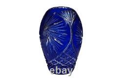 Crystal Flower Vase Cobalt Blue Bohemian Glass Cut To Clear Vintage 9 High