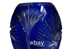 Crystal Flower Vase Cobalt Blue Bohemian Glass Cut To Clear Vintage 9 High