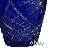 Crystal Flower Vase Cobalt Blue Bohemian Glass Cut To Clear Vintage 9 High