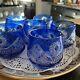 Crystal Vtg Cobalt Blue Cut to Clear Crystal Set of 6 wine/cordial Glass Czech