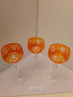 Crystal Wine Glasses With Orange Overlay Cut Grape Pattern