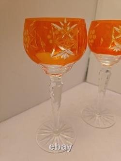 Crystal Wine Glasses With Orange Overlay Cut Grape Pattern