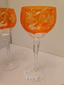 Crystal Wine Glasses With Orange Overlay Cut Grape Pattern