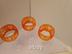 Crystal Wine Glasses With Orange Overlay Cut Grape Pattern