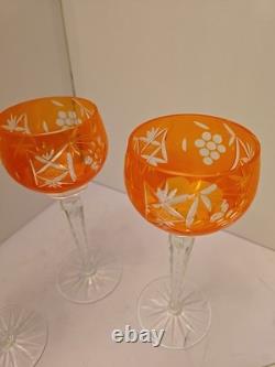 Crystal Wine Glasses With Orange Overlay Cut Grape Pattern