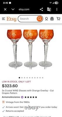Crystal Wine Glasses With Orange Overlay Cut Grape Pattern