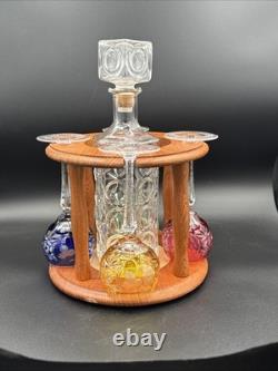 Crystal white wine glass decanter & Caddy Set 4 Nachtmann Cut To Clear, Teakwood