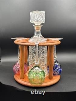 Crystal white wine glass decanter & Caddy Set 4 Nachtmann Cut To Clear, Teakwood