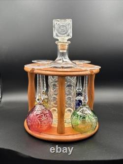 Crystal white wine glass decanter & Caddy Set 4 Nachtmann Cut To Clear, Teakwood