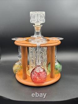 Crystal white wine glass decanter & Caddy Set 4 Nachtmann Cut To Clear, Teakwood