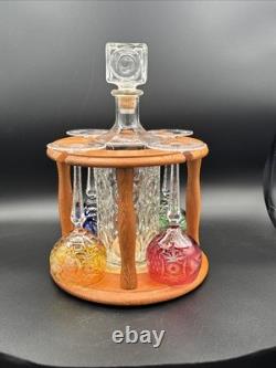 Crystal white wine glass decanter & Caddy Set 4 Nachtmann Cut To Clear, Teakwood