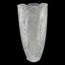Cut Crystal Vase 15 Tall Buttons Daisies Stars and More Sawthooth Rim V405