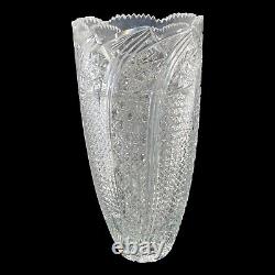 Cut Crystal Vase 15 Tall Buttons Daisies Stars and More Sawthooth Rim V405