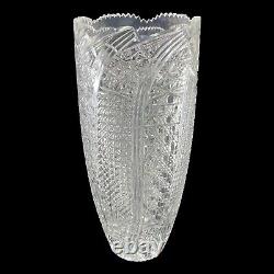 Cut Crystal Vase 15 Tall Buttons Daisies Stars and More Sawthooth Rim V405