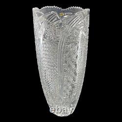 Cut Crystal Vase 15 Tall Buttons Daisies Stars and More Sawthooth Rim V405