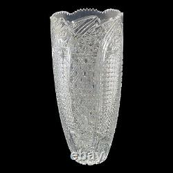 Cut Crystal Vase 15 Tall Buttons Daisies Stars and More Sawthooth Rim V405