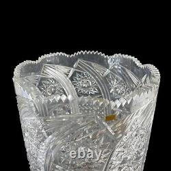 Cut Crystal Vase 15 Tall Buttons Daisies Stars and More Sawthooth Rim V405