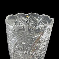 Cut Crystal Vase 15 Tall Buttons Daisies Stars and More Sawthooth Rim V405