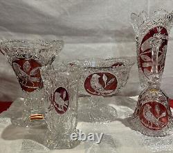 Cut Glass 24% Lead Crystal Bleikristall Byrd COLLECTION. 4 Vases. 1 Bell