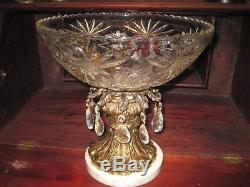 Cut Glass Bowl With Brass Pedestal On Marble Base, Prisms. Crystal Bowl Compote