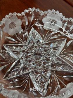 Cut Glass Crystal 8 Low Bowl Ft. American Brilliant 6-Pointed Star & Daisies