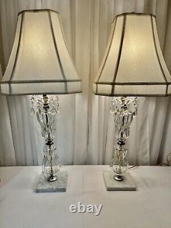 Cut Glass Table Lamps Pair crystal prisms 29 tall marble base With Shades VTG