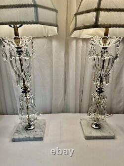 Cut Glass Table Lamps Pair crystal prisms 29 tall marble base With Shades VTG