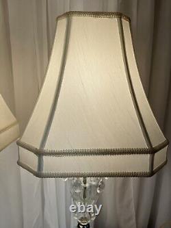 Cut Glass Table Lamps Pair crystal prisms 29 tall marble base With Shades VTG