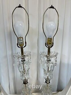 Cut Glass Table Lamps Pair crystal prisms 29 tall marble base With Shades VTG