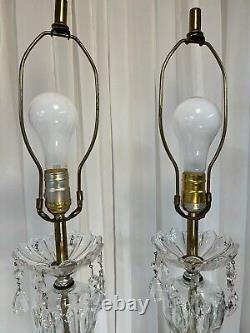 Cut Glass Table Lamps Pair crystal prisms 29 tall marble base With Shades VTG