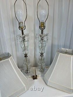 Cut Glass Table Lamps Pair crystal prisms 29 tall marble base With Shades VTG