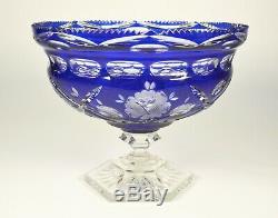 Cut to Clear Crystal Compote Cobalt Blue Art Glass Bohemian Thick Large Lead Big