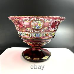 Czech Bohemian Art Glass Cranberry Cut to Clear Gold COMPOTE with Enamel Flowers