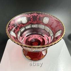 Czech Bohemian Art Glass Cranberry Cut to Clear Gold COMPOTE with Enamel Flowers