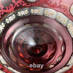 Czech Bohemian Art Glass Cranberry Cut to Clear Gold COMPOTE with Enamel Flowers