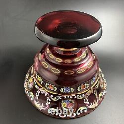 Czech Bohemian Art Glass Cranberry Cut to Clear Gold COMPOTE with Enamel Flowers