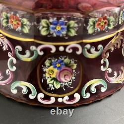 Czech Bohemian Art Glass Cranberry Cut to Clear Gold COMPOTE with Enamel Flowers