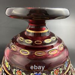 Czech Bohemian Art Glass Cranberry Cut to Clear Gold COMPOTE with Enamel Flowers