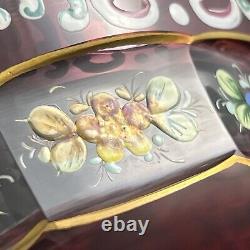 Czech Bohemian Art Glass Cranberry Cut to Clear Gold COMPOTE with Enamel Flowers