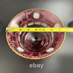 Czech Bohemian Art Glass Cranberry Cut to Clear Gold COMPOTE with Enamel Flowers