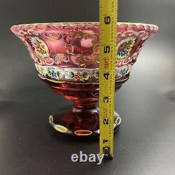 Czech Bohemian Art Glass Cranberry Cut to Clear Gold COMPOTE with Enamel Flowers