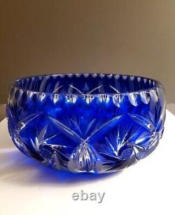 Czech Bohemian Cobalt Blue Cut To Clear Lead Crystal Glass Bowl