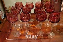Czech Bohemian Crystal Hock Wine Glass Cut To Clear Ruby Red Star Set of 12 rare