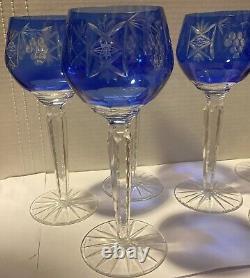 Czech Bohemian Cut Crystal Cobalt Blue Set of Six Long Stem Glasses 8.5 Tall