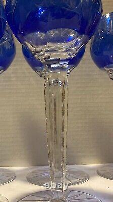 Czech Bohemian Cut Crystal Cobalt Blue Set of Six Long Stem Glasses 8.5 Tall