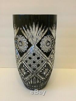 Czech Bohemian Large Black Cut to Clear Crystal Large Vase 12 Tall