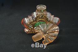Czech Perfume Bottle Pink Cut Crystal with Original Golden Medallion Vintage