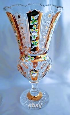 Czech bohemia crystal glass Cut crystal vase 36cm/14 decorated gold and ename