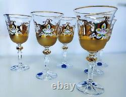 Czech bohemia cut crystal glass Wine glasses 17cm decorated gold and enamel6pc